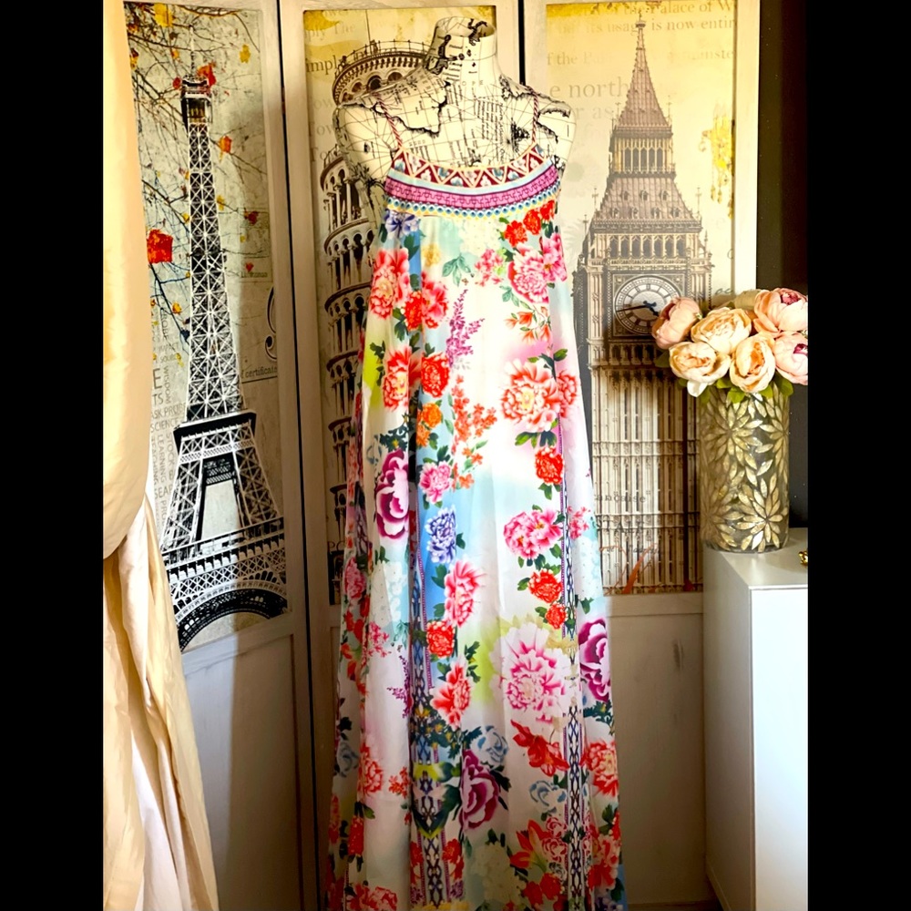 Island Of Peonies Luxury Maxi Sheath A Line Maxi Dress, Chiffon Floral Dress - Picture 15 of 15